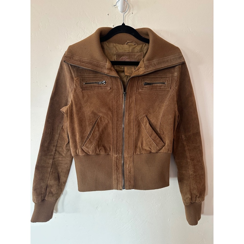 Joujou Brown Suede Leather Bomber Jacket Ribbed Collar Cropped Y2K small/medium
